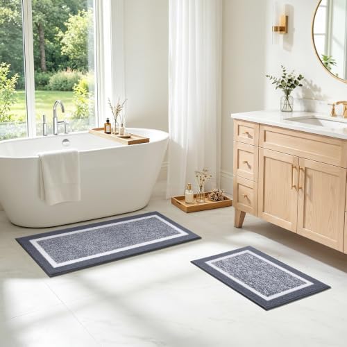 Pauwer Bathroom Rugs Sets 2 Piece, Non Slip Washable Bath Mat, Dark