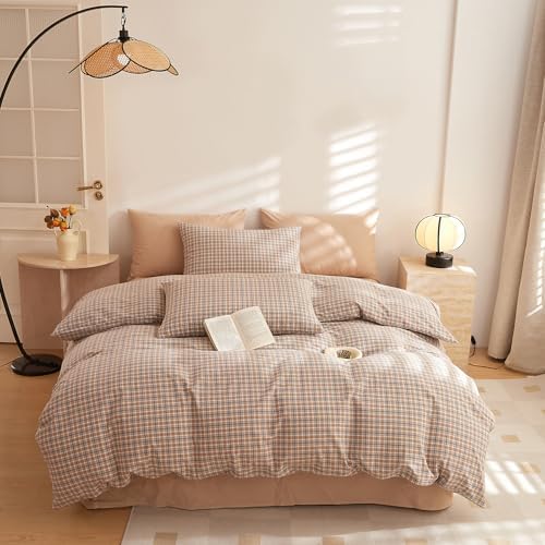 VClife Full Duvet Cover Boho-Chic Beige Brown Checkered Comforter