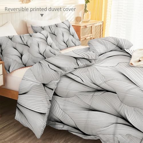 Soft Breathable Microfiber Grey Duvet Cover - Minimalist Modern Leaf