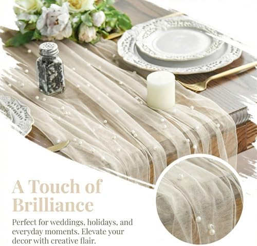Beige Gauze Table Runner 120 Inch, Sheer Boho Rustic Cheesecloth