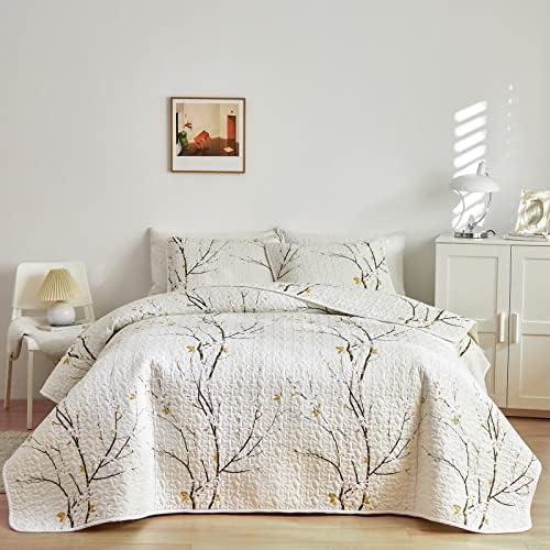 Quilt Set King Size Cream White with Black Branch Bedding Set 88x88
