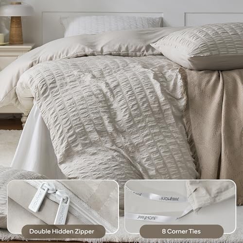 JELLYMONI Oatmeal Seersucker Duvet Cover Set Twin Size