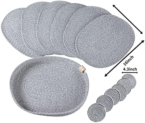Oval Placemats Set of 6 with Coasters & Holder, Heather Grey