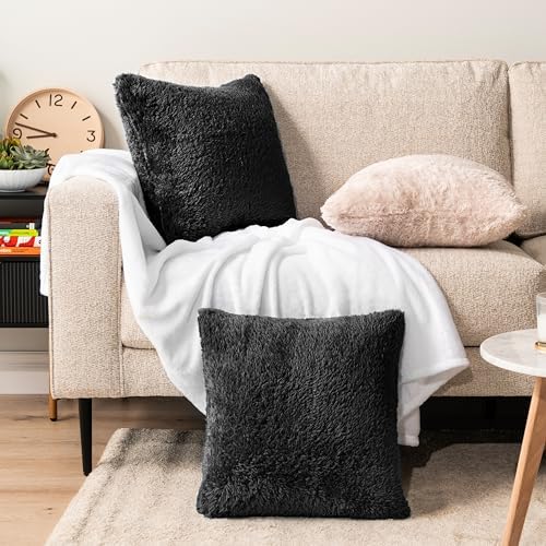 PAVILIA Soft Fluffy Sherpa Throw Pillow Covers Case, Black, 18x18 Set