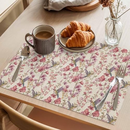 Placemats Set of 8, Pink Beige Flowers Woven Placemat, Linen Place