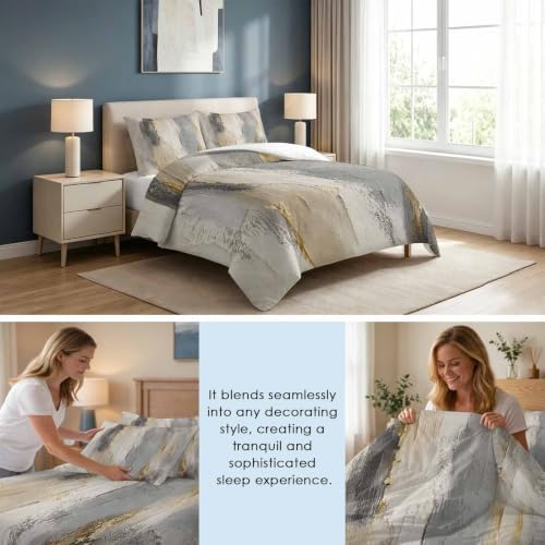 Textured Plaster Queen Duvet Cover Set, Minimalist Abstract Gray Beige