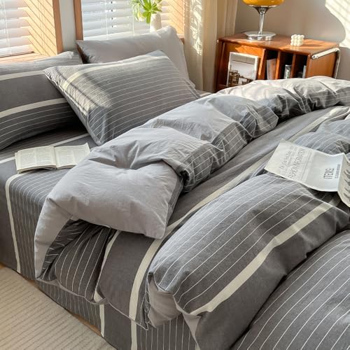 Modern Grey White Striped Duvet Cover Set TwinXL Size 3 Pieces Washed