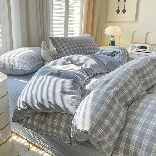 Modern Gingham Grid Duvet Cover Set, 100% Washed Cotton Plaid Boho