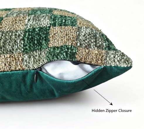 Set of 2 18x18 Inch Green Checkered Chenille Throw Pillow Covers, Boho