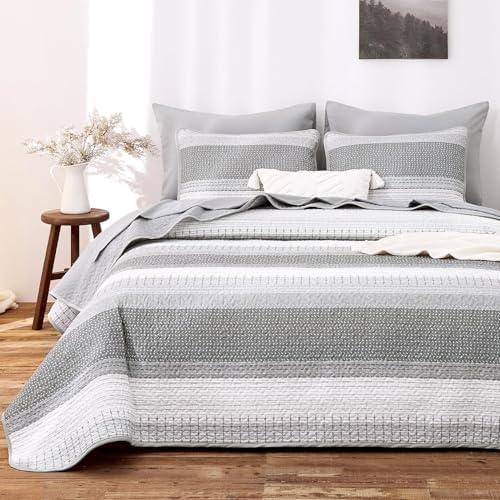 Wake In Cloud - Striped Quilt Set, Farmhouse Coastal Neutral Boho