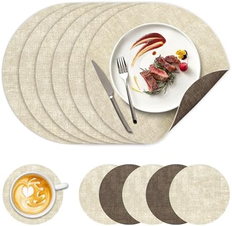 NCUE 13" Faux Leather Round Placemats Set of 6, Reversible Dual-Color