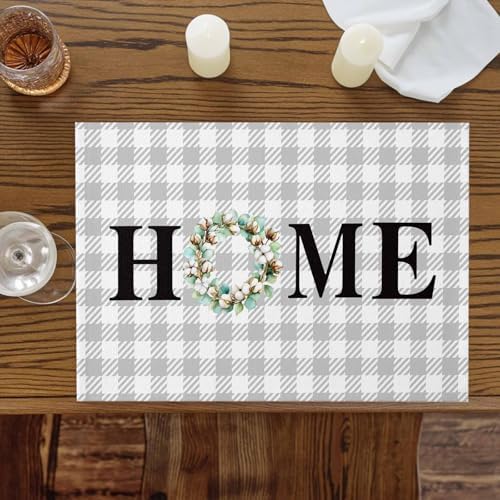 Placemats Set of 8, Spring Eucalyptus Leaf Wreath Home Quote Gray