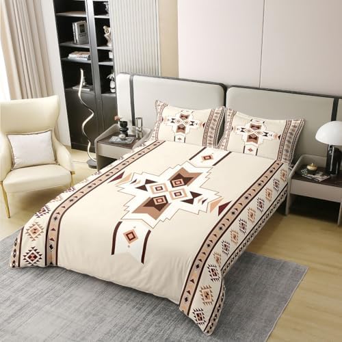Beige Boho Duvet Cover Queen Size for Kids Boys Teens,Aztec Texture