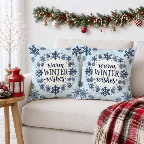 Winter Wishes Holiday Quote Snowflake Throw Pillow Covers 18x18 Set of