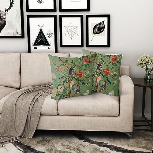 Green Chinoiserie Pillow Cover 20x20 Inch Vintage Bird Flower Throw