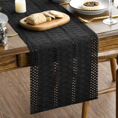 Artoid Mode Black Woven Farmhouse Hollow Table Runner 12x120 Inch