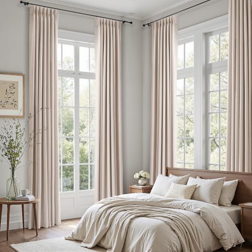 144 Inch Extra Long 100% Blackout Linen Pinch Pleated Curtain Oatmeal