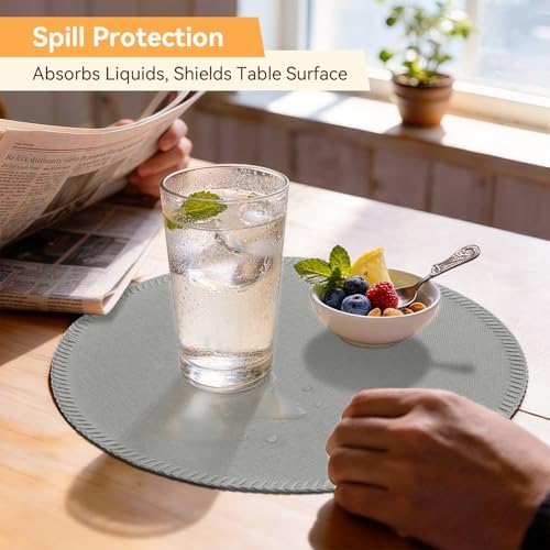 Round Placemats Set of 8 - Machine Washable Linen-Like Cloth Place