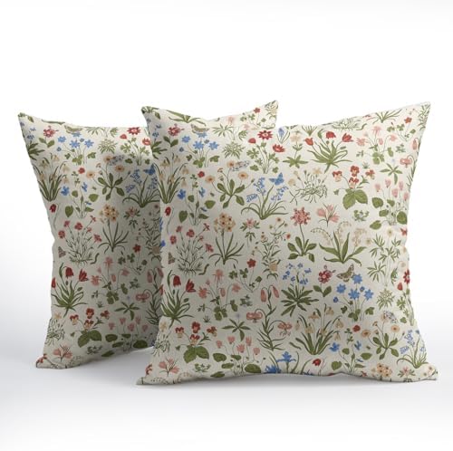 Vitage Floral Pillow Covers 18x18 Set of 2 Spring Green Red Cream