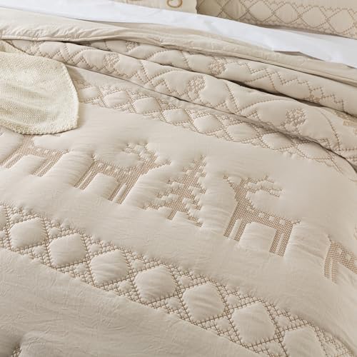 WDCOZY Christmas King Size Quilt Bedding Sets with Pillow Shams, Beige