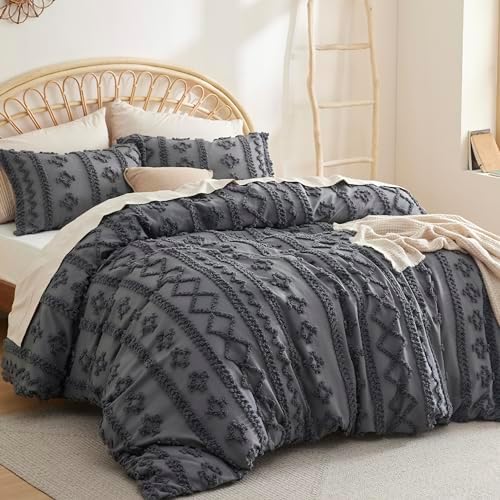 Bedsure Boho Duvet Cover Queen, Tufted Embroidery, 3-Piece, Dark Grey