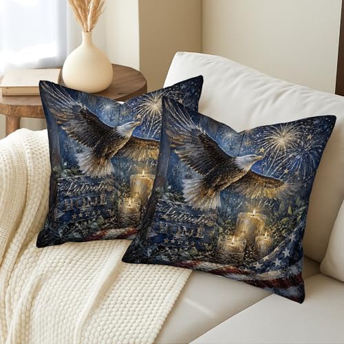 Eagle Throw Pillow Covers Set of 2, Patriotic Rustic Fireworks Candles