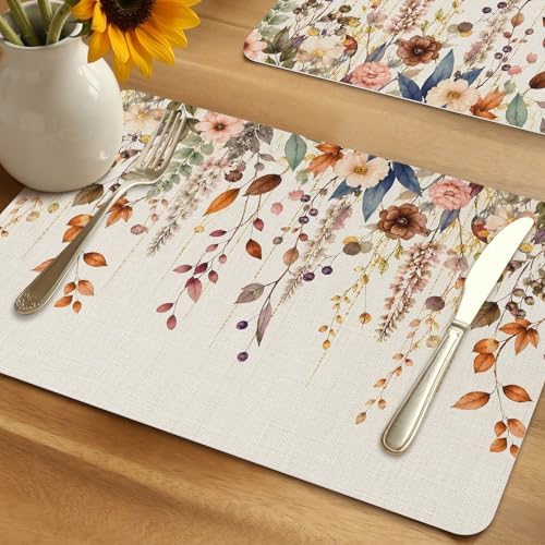 Hello Fall Faux Leather Placemats Set of 6, 12x18in, Waterproof Heat