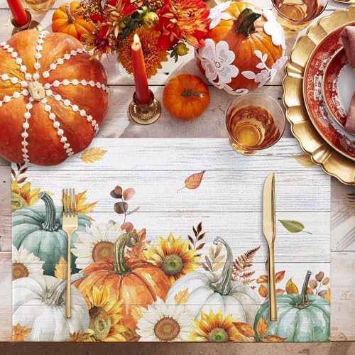 Placemats Set of 8, Thanksgiving Fall Pumpkin Harvest Washable Table