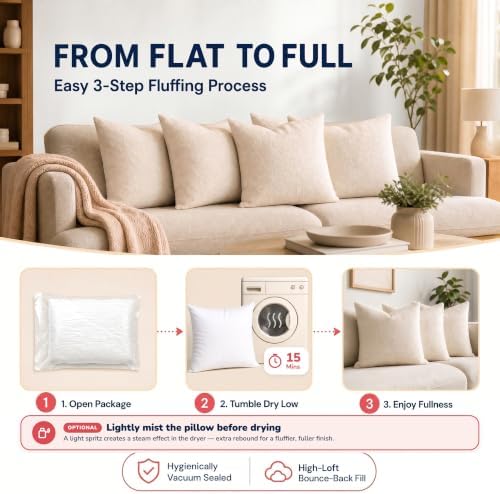 Foamily 18x18 Throw Pillow Inserts, Set of 2, 100% Cotton Cover, White