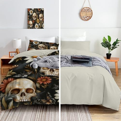 Charcoal Gray Halloween Flower Skull Duvet Cover Set For Women Girls