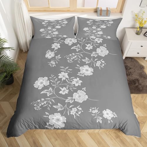 Homewish Kids Gray Floral Duvet Cover Set,Women Botanical Floral