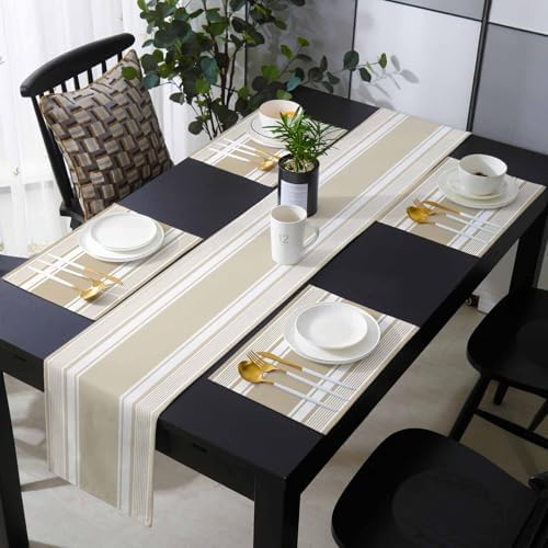 Farmhouse Beige Striped Table Runner and Placemats for Dining