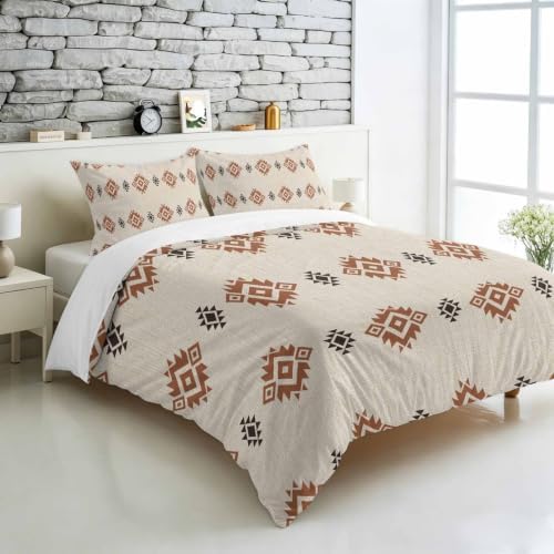 Beige Boho Duvet Cover Queen Size, Western Ethnic Tribe Linen Texture