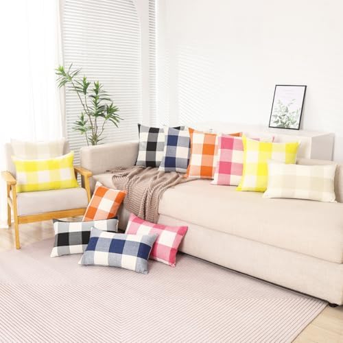 Orange Fall Outdoor Plaid Large Pillow Covers 22x22, Fall Decor for