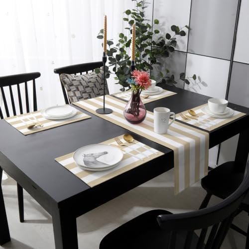 Beige Stripe Linen Texture Table Runner and Placemats Set of 6 Themed