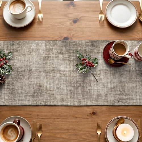 Brown Beige Table Runner - 90 Inch Long, Farmhouse Linen Texture