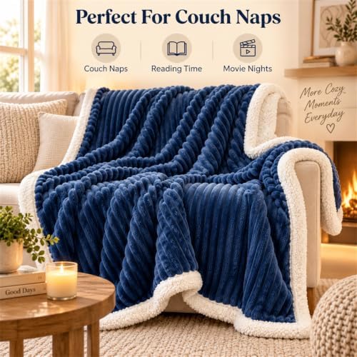 Ribbed Plush Fleece Blanket Double Layer Warm Throw Blanket for Bed