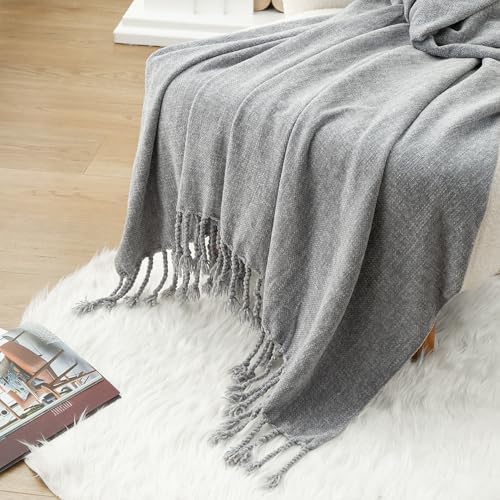 BATTILO HOME Light Gray Chenille Throw Blanket for Couch, Soft Cozy