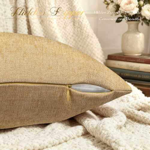 BRAWARM Chenille Throw Pillow Covers 20x20 Inches, Gold, Pack of 2