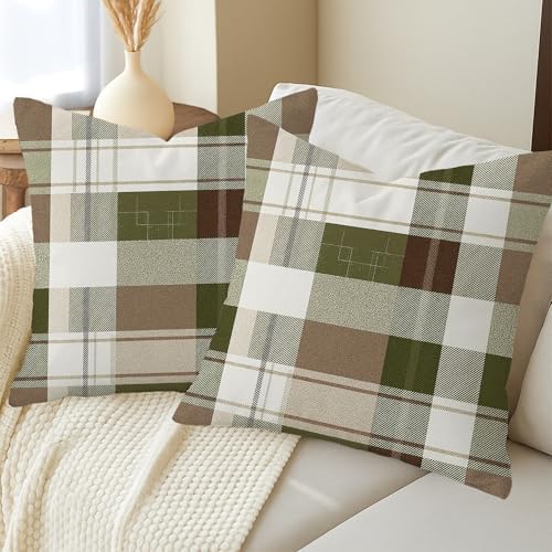 Plaid Throw Pillow Covers Set of 2, Green and Brown Checkered Cushion