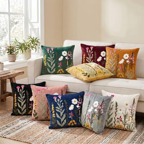 AVOIN colorlife Spring Summer Floral Daisy Embroidered Throw Pillow