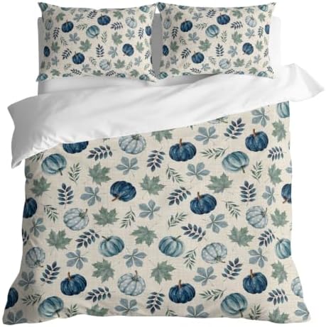 Blue Pumpkins Fall Duvet Cover Set 3 Pieces with Zipper Closure