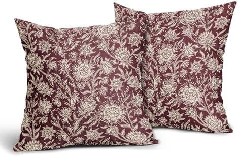 Burgundy Vintage Floral Pillow Covers 18x18 Inch Set of 2 Neutral