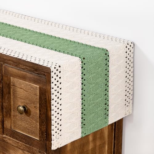 DeZerlor Ivory Sage Farmhouse Table Runner 36Inch Woven Linen Dining