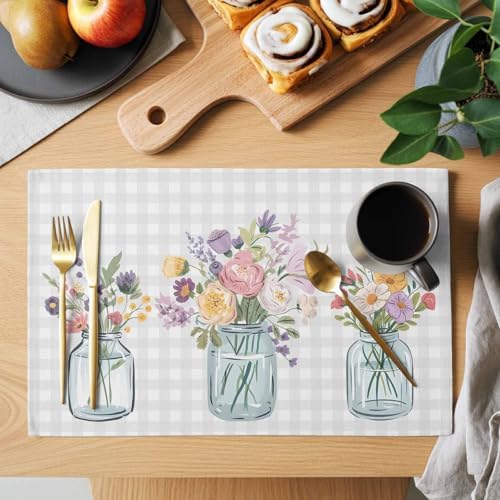 Flowers Plants Placemats Set of 8, Watercolor Spring Floral Farmhouse