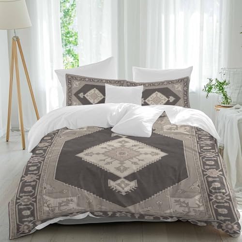 3 Piece Grey Beige Boho Duvet Cover Set Full Size, Microfiber