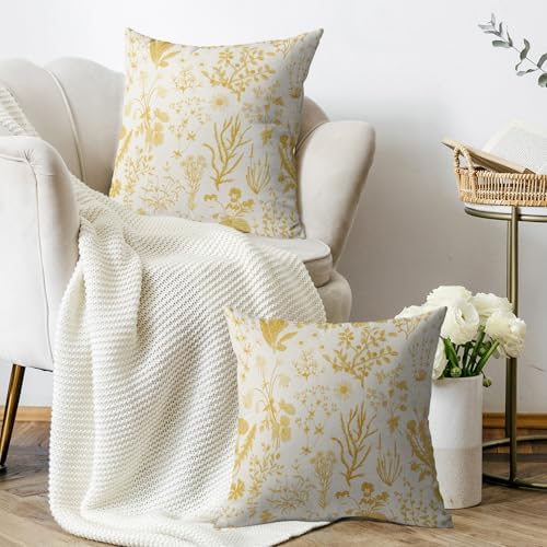 Yellow Floral Pillow Covers 20X20 Set of 2, Spring Flower Wildflowers