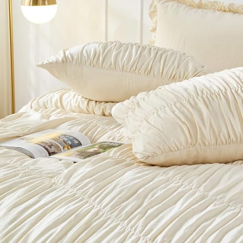 Bonlino Wheat Ruched Comforter Set Queen Size Ruffle Comforter Bedding