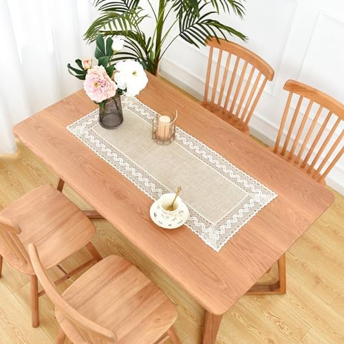 Linen Rustic Farmhouse Style Short Table Runner Beige Lace Basic Flax