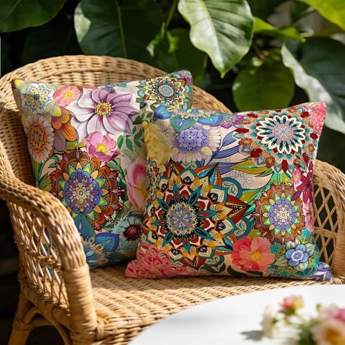 Outdoor Pillow Covers 18x18 Boho Floral Waterproof Throw Pillow